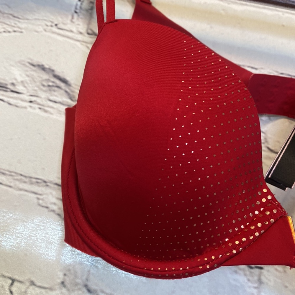 Victoria's Secret Red Gold Dot Underwire Padded Bra Size 32C Excellent Condition - Picture 3 of 10